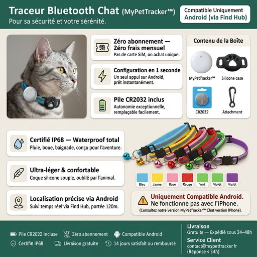 MyPetTracker™ Bluetooth — Traceur Sans Abonnement pour Chat (Android)